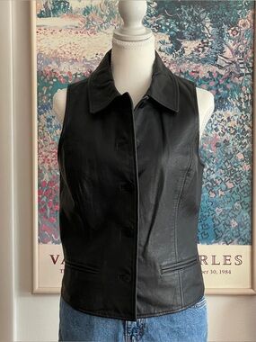 Vintage 90s Ann Taylor Black Leather Vest Small Biker Grunge Minimalist Moto